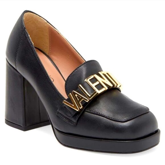 Valentino Shoes - Valentino Rosalind Square Toe Chunky Heel Pump in Black & Gold Spellout Size 8